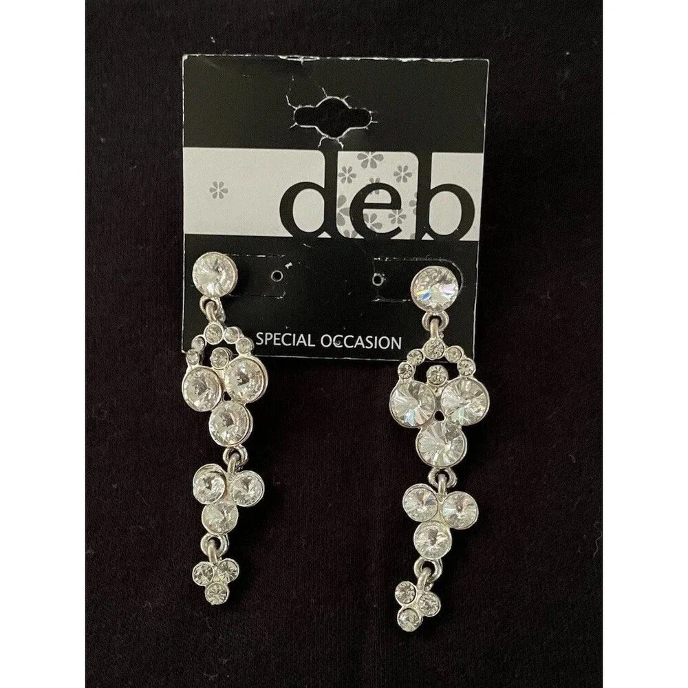 VTG Deb Rhinestone Dangle Fringe Earrings Y2K Deadstock Silver Tone Prom Formal